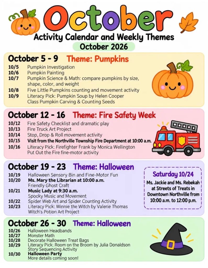 Sunny Pointe Childcare Center October 2026 activity calendar and weekly themes: Pumpkins, Fire Safety Week and Halloween